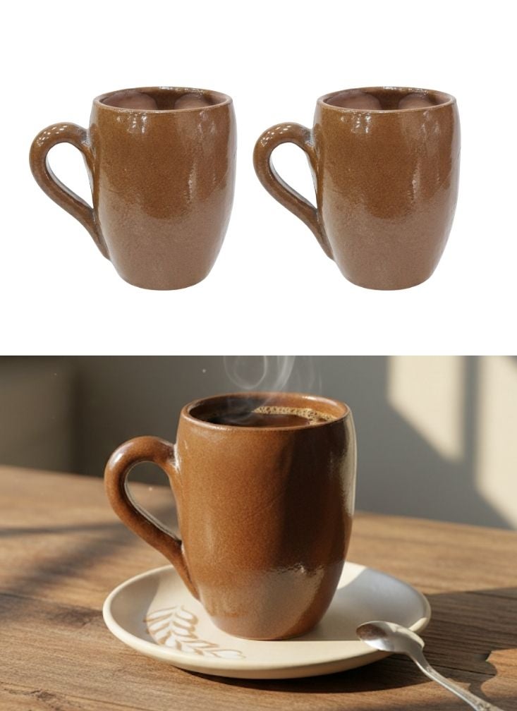 Premium 2 Pc Rustic Brown Ceramic Coffee Mug Set with Handle – Handmade Tea Cups - Image 1